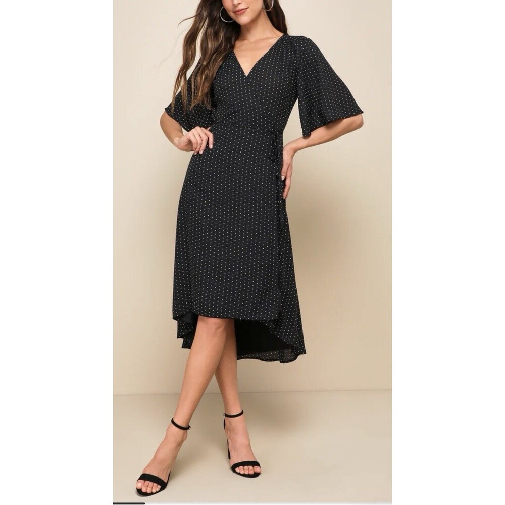 Lulus Women’s Farah Black Print Midi Wrap Dress Size S Surplice Neck